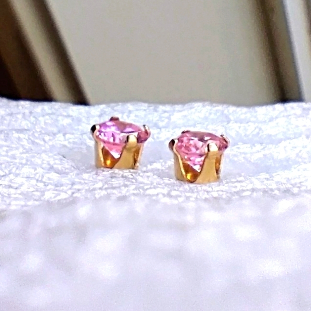 Vintage 14k Solid Yellow Gold and Light Pink Cubic Zirconia Stud Earrings​​​​​